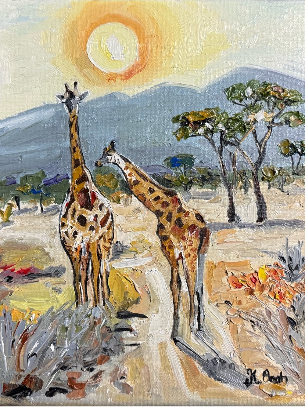 Original oil painting giraffes wildlife landscape canvas signed 8x10